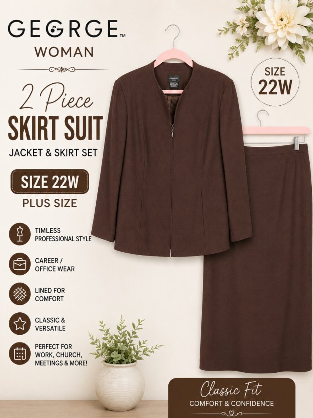 George Woman Brown 2 Piece Career Skirt Suit Size 22W minimalist fashion